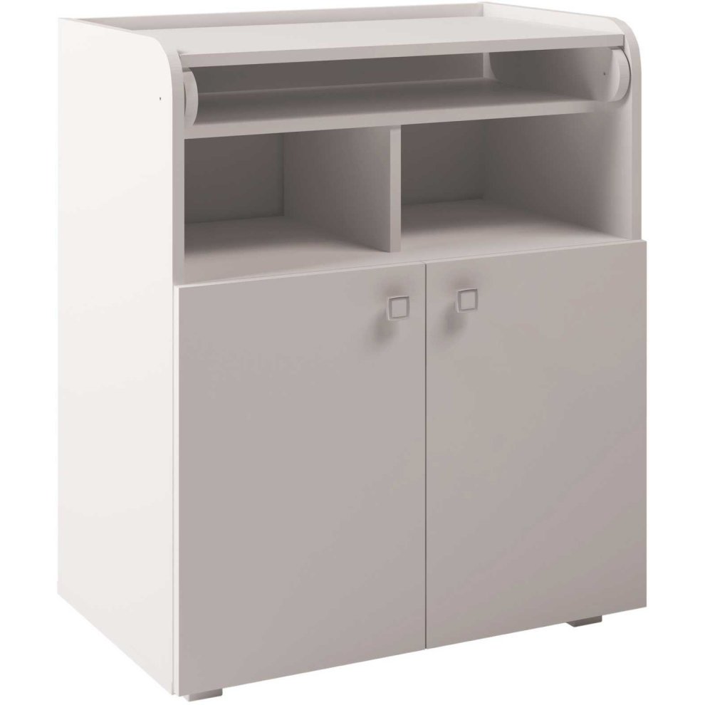 White wooden baby changing board cupboard with a smooth top, two open shelves, and two cabinet doors featuring square handles for storage.