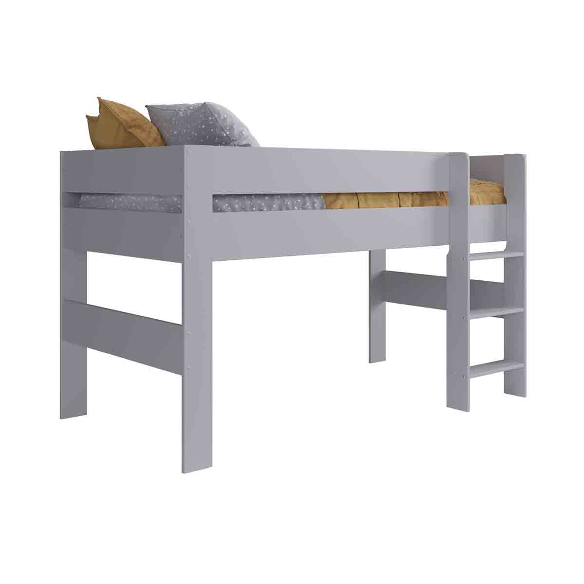 Mid sleeper bed in grey wood finish with a sturdy frame, featuring a ladder on one side and space underneath for storage or play, complemented by soft bedding in neutral tones.