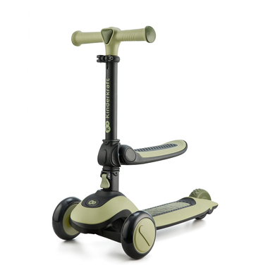 Green Kinderkraft HALLEY scooter featuring a sturdy frame, textured footplate, adjustable handlebar, and three wheels for stability.