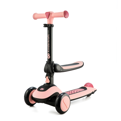 Pink Kinderkraft HALLEY scooter featuring a sturdy frame, three wheels for stability, a textured footboard, and adjustable handlebars for comfort.