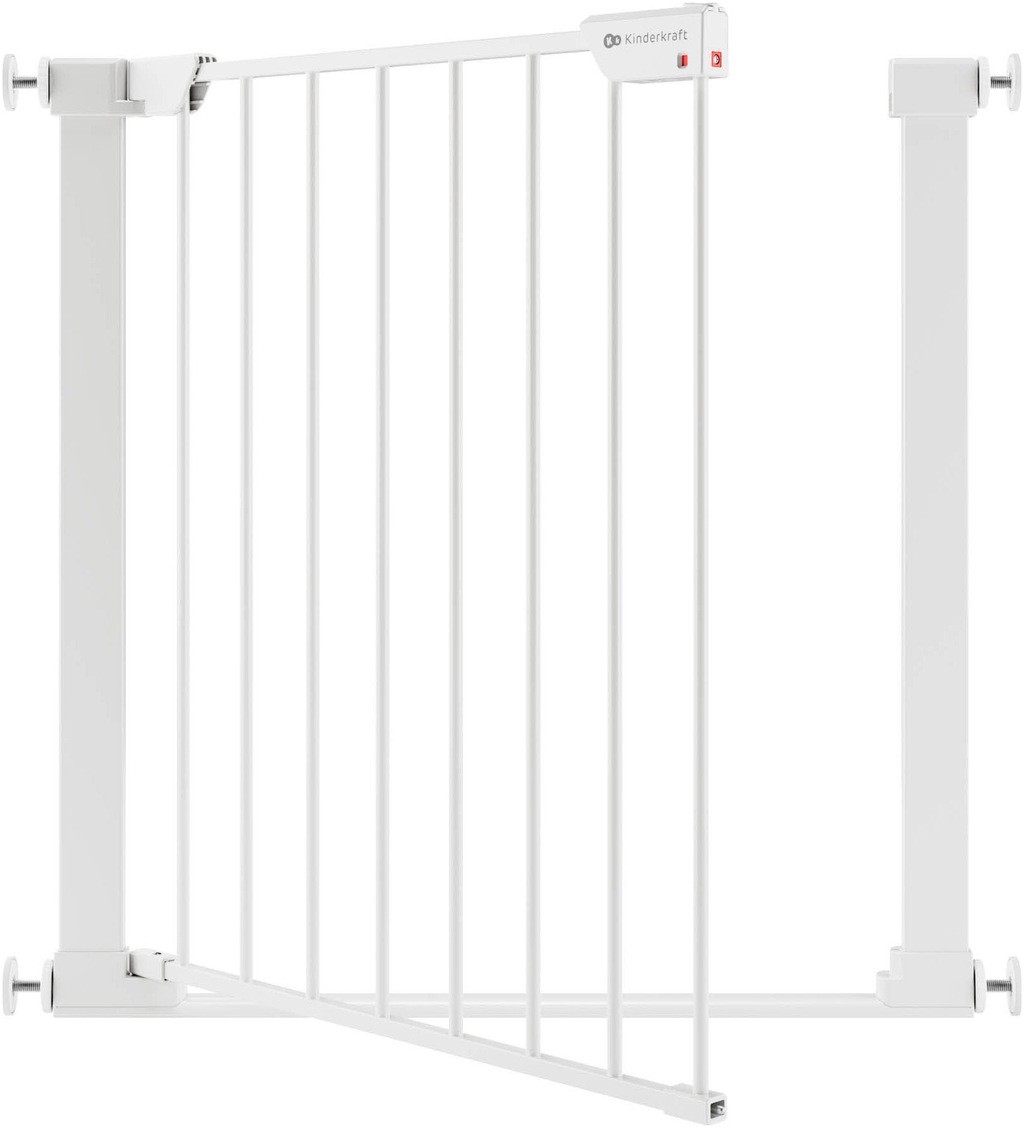 White metal safety gate with vertical bars and adjustable width, featuring a simple latch mechanism and mounting brackets for easy installation.
