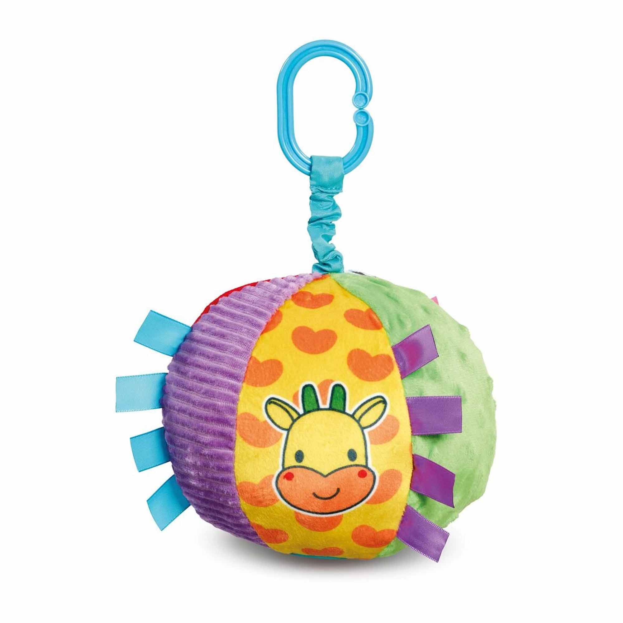Colorful sensory activity ball featuring a smiling giraffe, textured fabric in vibrant hues of green, yellow, and purple, with colorful tags and a clip for easy attachment.
