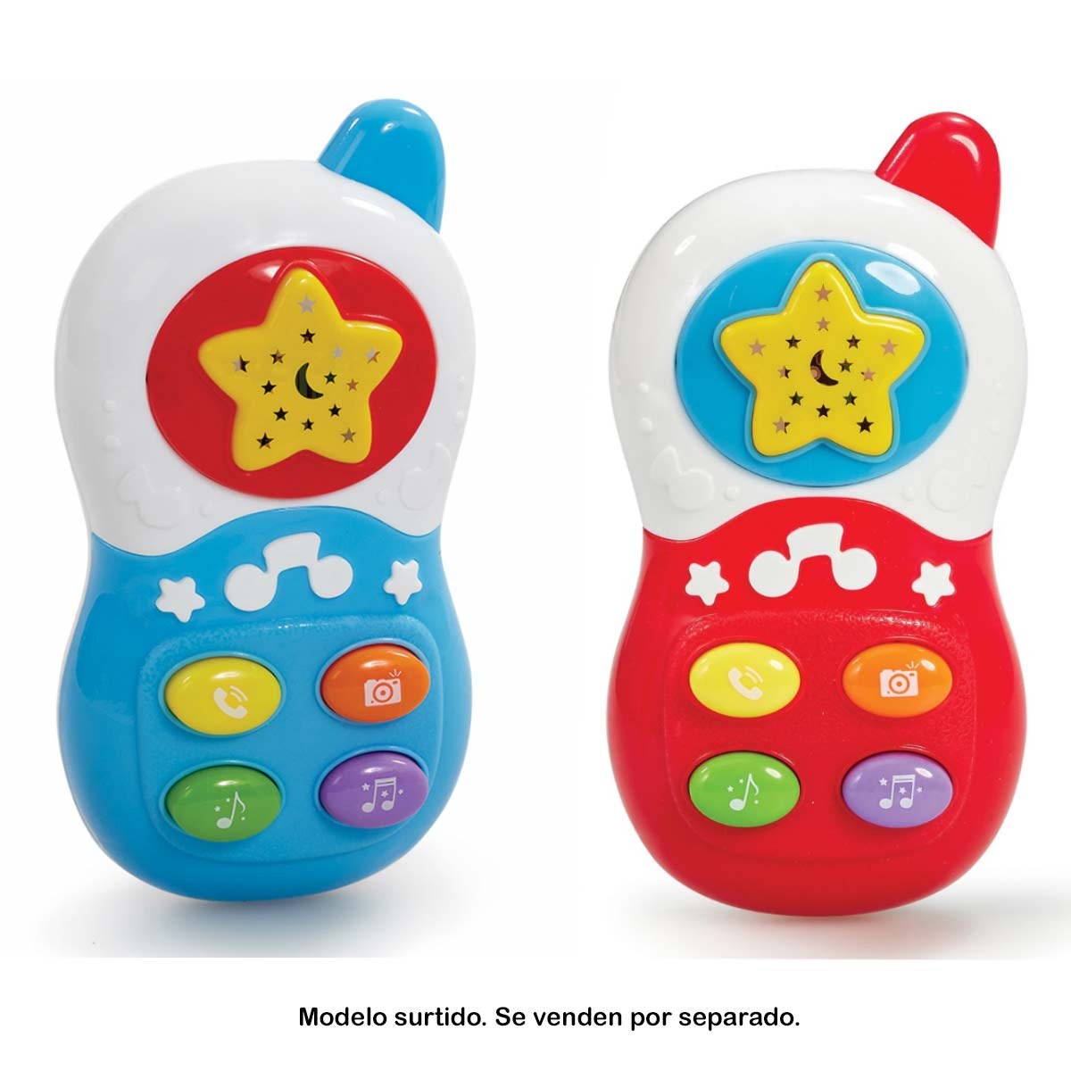 Colorful plastic baby phone featuring a star-shaped button, music and camera icons, with a blue and red design; styles may vary.