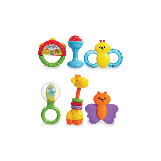 Colorful rattle set featuring a flower, a giraffe, a butterfly, and a bee, made of plastic with various textures and shapes, designed for babies to grip and shake.