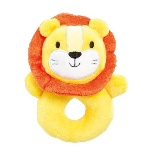 Soft plush rattle featuring a smiling lion design with a bright yellow body and an orange mane, designed for babies to grasp and shake.