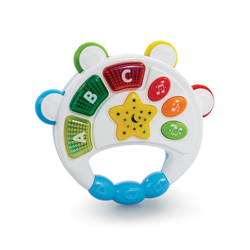 Colorful baby tambourine featuring a white body with a star design, five buttons in red, green, and orange, and a textured handle for easy grip, suitable for little hands.