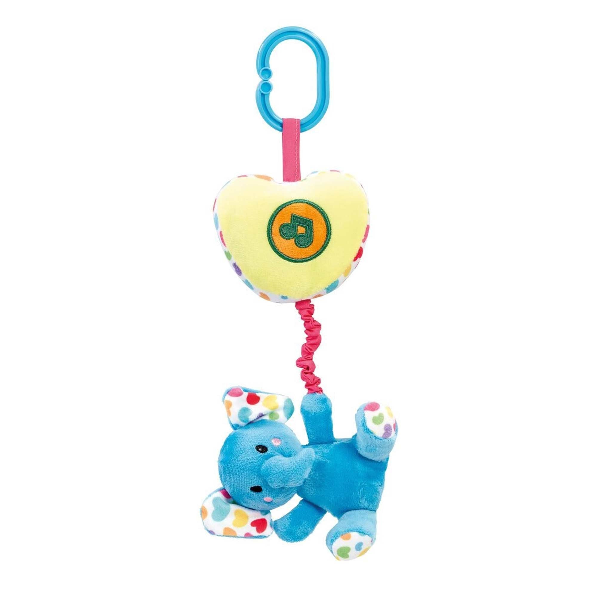 Soft blue plush elephant with colorful polka dots, attached to a yellow heart-shaped music box, featuring a clip for prams or strollers.