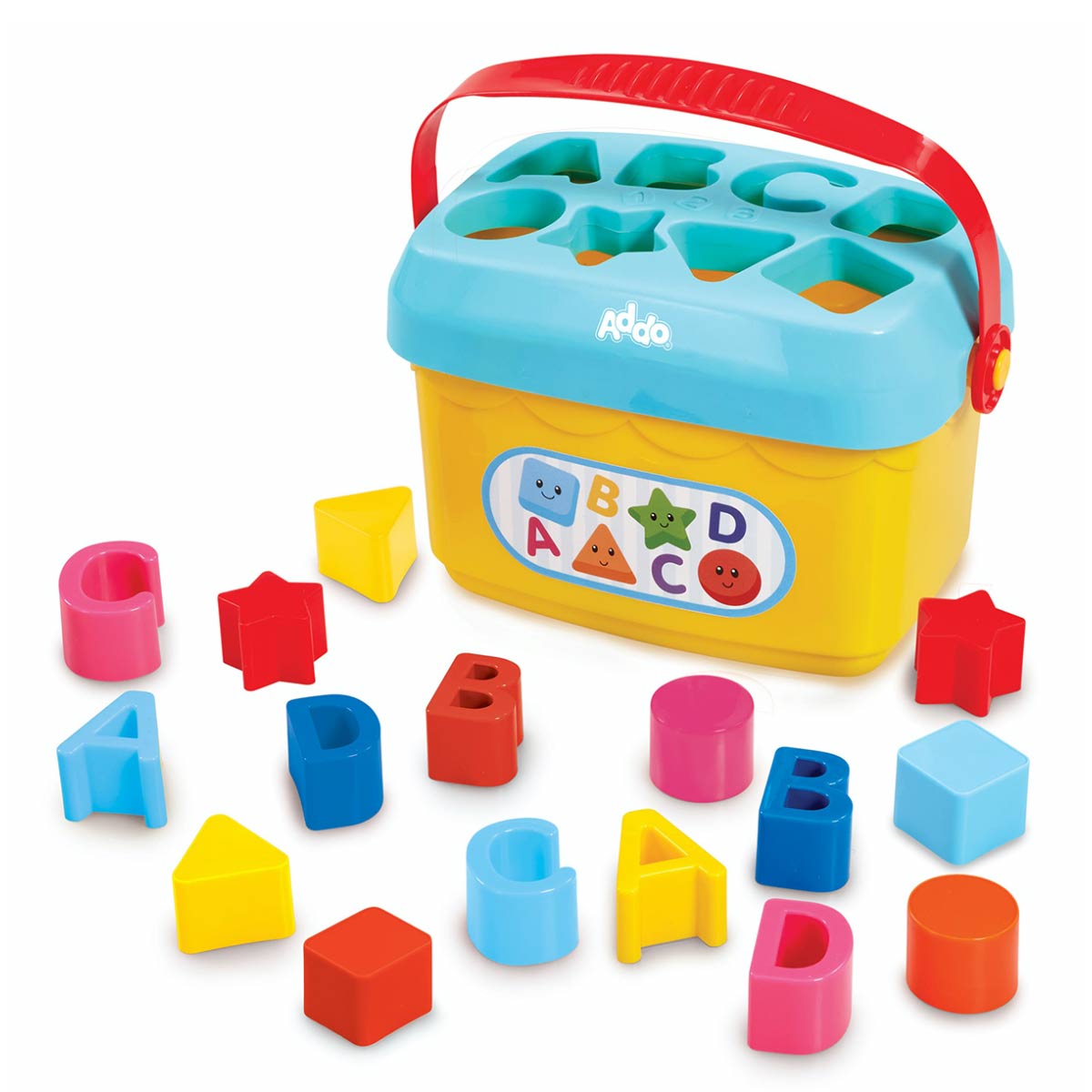 Bright yellow shape sorting bucket with a blue lid and red handle, featuring cut-outs for shapes, accompanied by colorful geometric blocks in various shapes and colors.