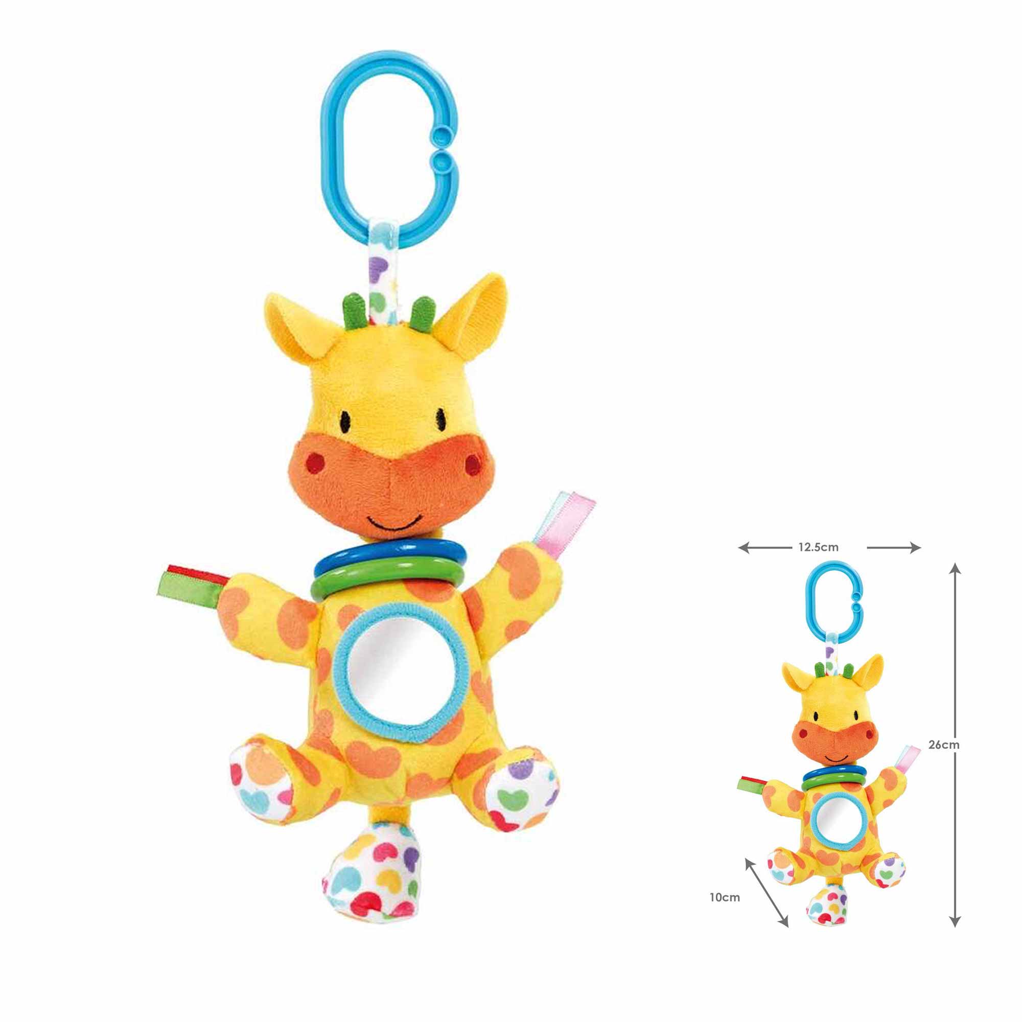 Colorful plush giraffe pram toy with a smiling face, soft fabric, a blue clip for attachment, and various textured rings and tags for sensory play.