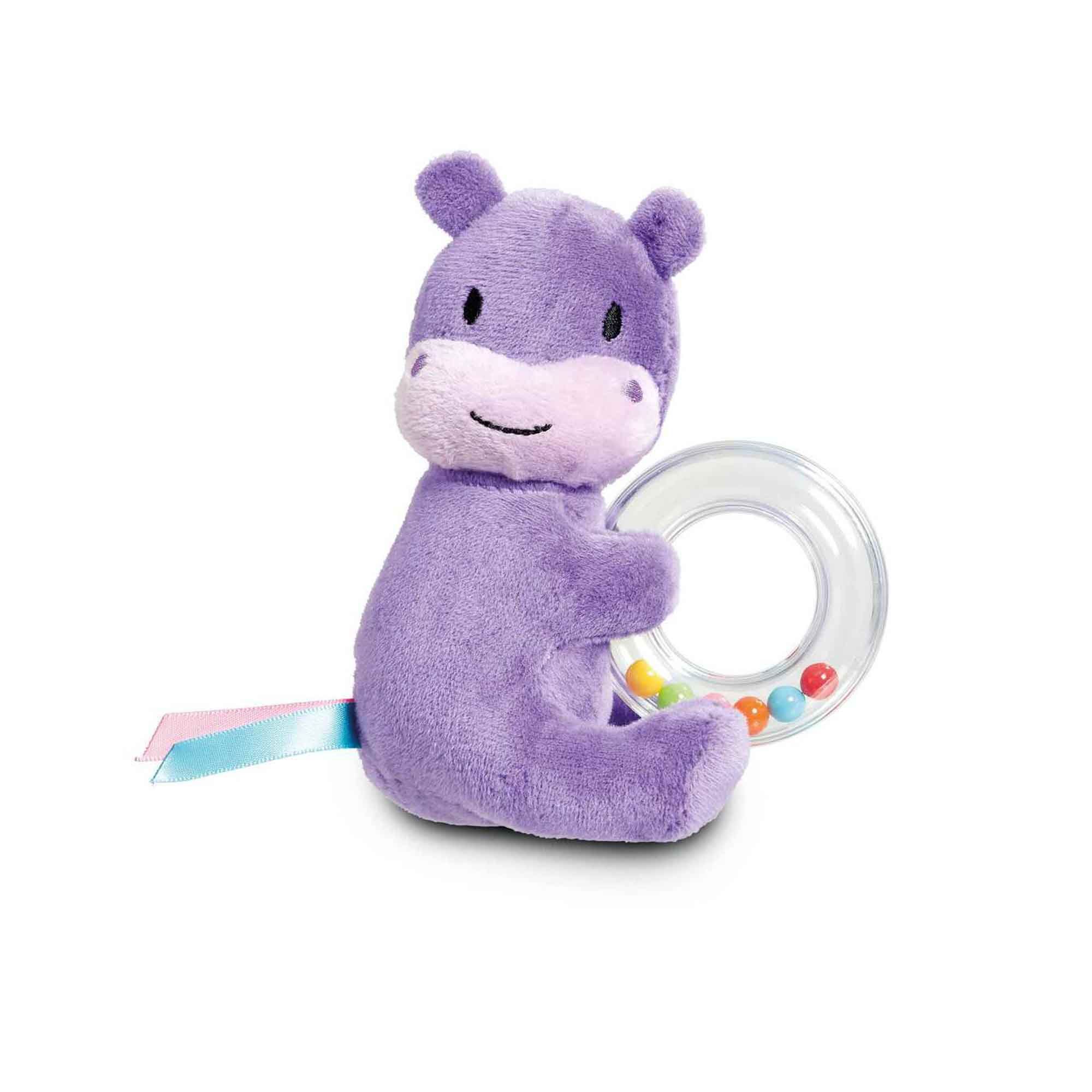 Purple plush hippo toy with a smiling face, holding a clear ring rattle filled with colorful beads, and featuring a ribbon tail in pastel colors.