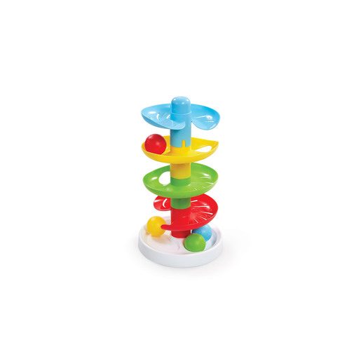 Colorful plastic tower toy with blue, red, yellow, and green spiral ramps, featuring three colorful balls that roll down the levels, designed for toddlers' play and development.
