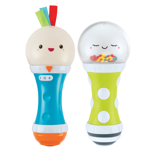 Colorful baby maracas featuring a smiling character with a round head and ribbons, and a green maraca with polka dots and a transparent top filled with colorful beads.