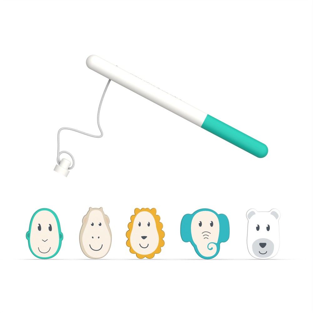 Colorful bathtime fishing game featuring a white and teal fishing rod with a string, alongside five animal-shaped floating toys in pastel colors.
