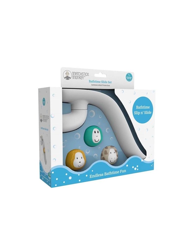 Bathtime Slide Set featuring a white slide and three colorful animal character rocks in blue packaging, designed for babies 12 months and older, made from easy-to-grip materials.