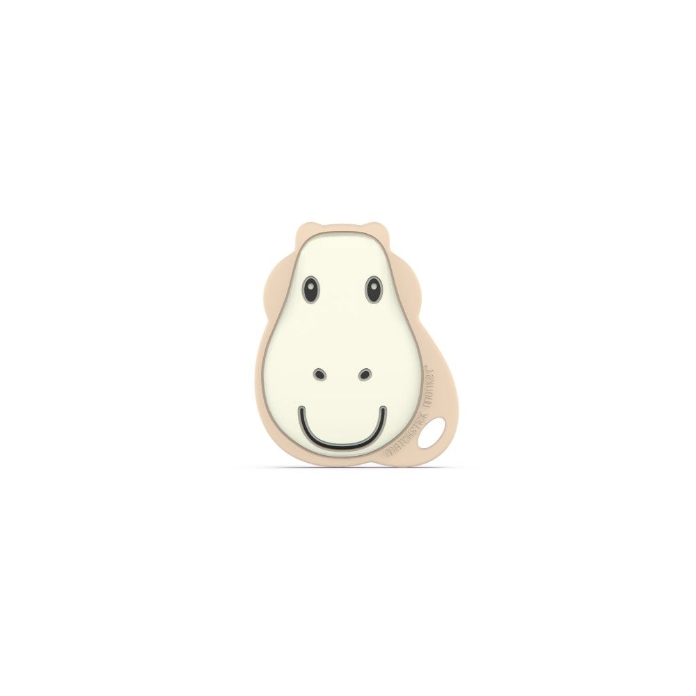 Flat giraffe-shaped teether in soft beige and white silicone, featuring a smiling face and a convenient hole for easy gripping.