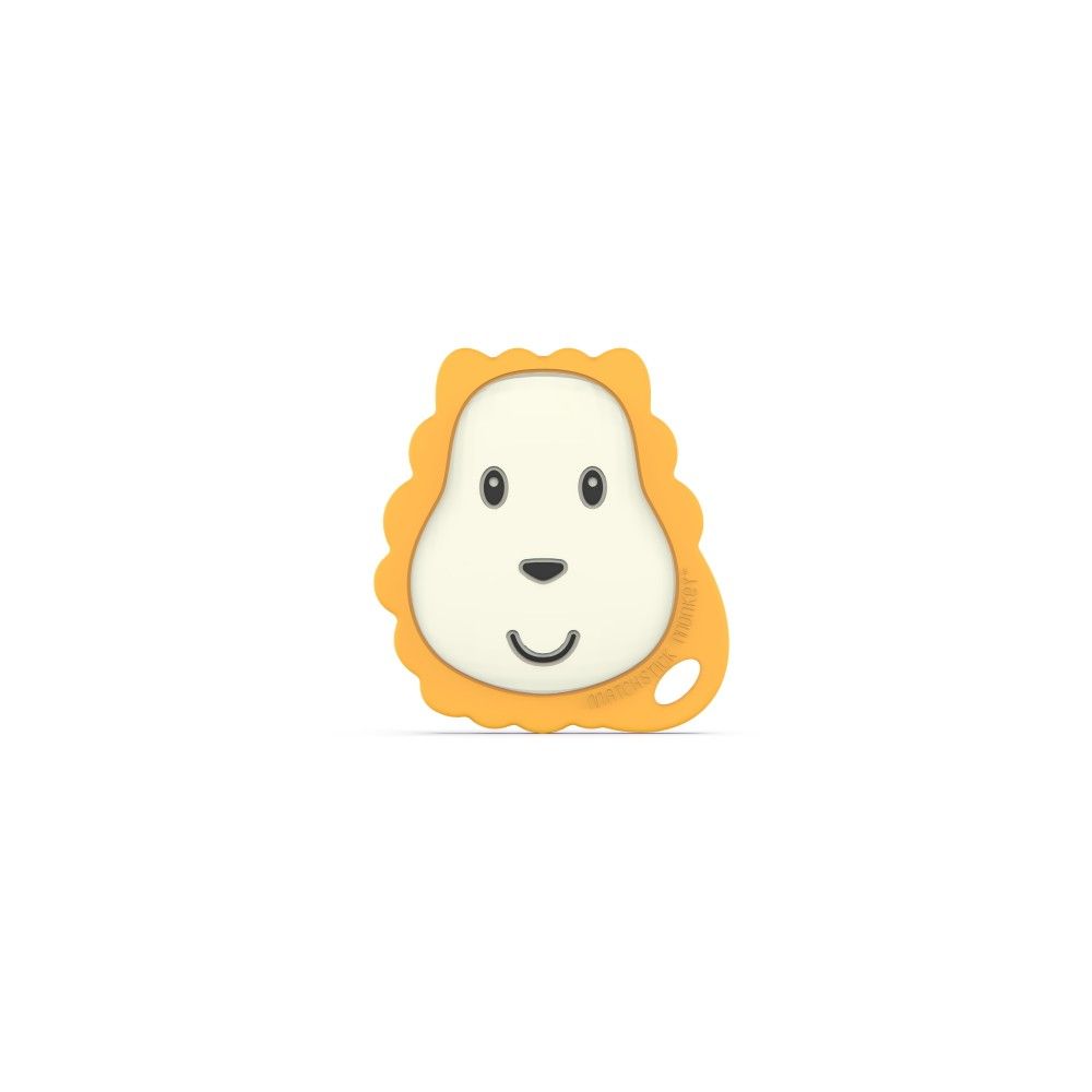 Flat lion-shaped teether in soft silicone, featuring a smiling face with a yellow-orange mane and a white center, designed for easy gripping by little hands.