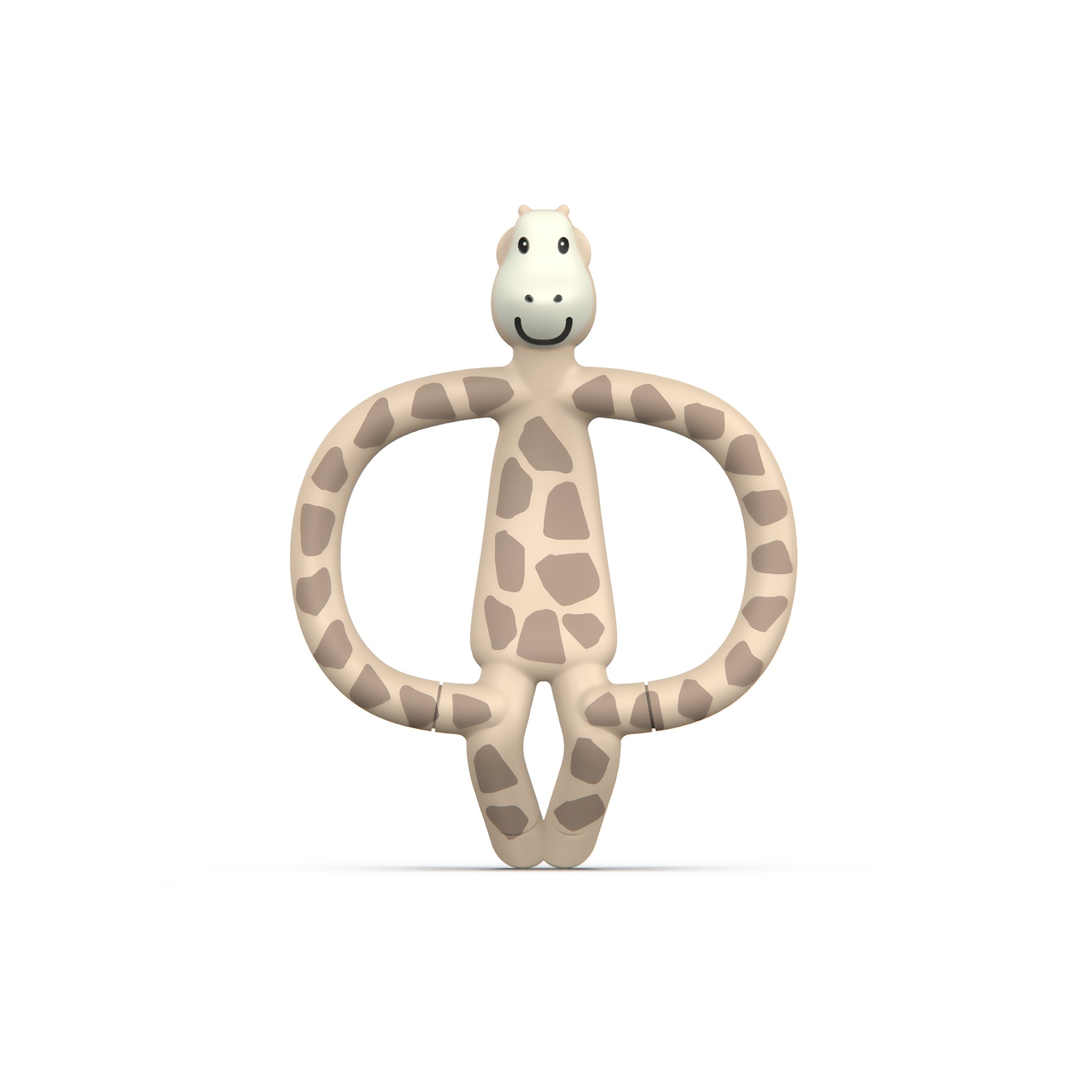A beige giraffe-shaped toothbrush and teether with a smiling face and brown spots, made from soft, safe material for infants.