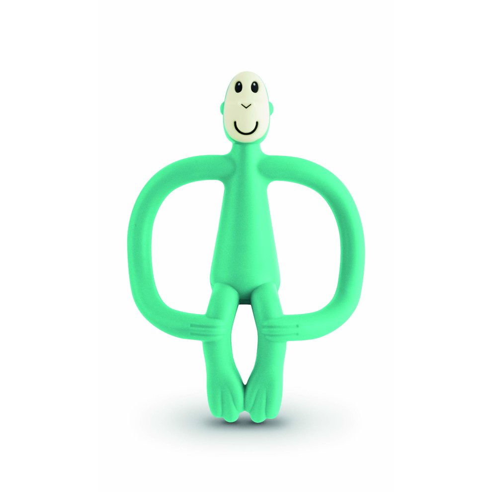 Bright green silicone teething toy shaped like a smiling monkey, featuring a 2-in-1 brush and gel applicator for soothing gums, with a soft, flexible design for easy grip.