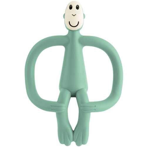 Mint green silicone teething toy shaped like a monkey, featuring a smiling face, long arms, and a 2-in-1 brush for gel application.