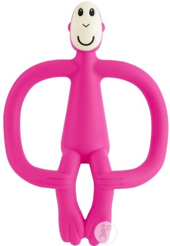 Dusty pink silicone teething toy shaped like a monkey, featuring a smiling face and two large arms for easy gripping, designed for soothing gums and includes a gel applicator.
