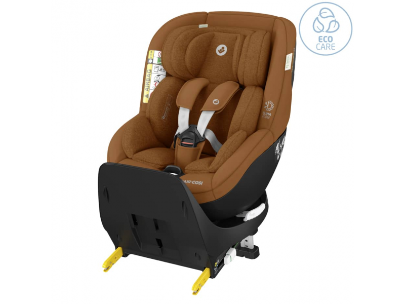 Maxi Cosi Mica Eco Pro car seat in authentic cognac color, featuring soft fabric, adjustable headrest, and safety harness, with eco-friendly certification symbol in the corner.