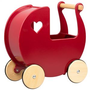 Red wooden dolls pram with a heart-shaped cutout, featuring a sturdy handle and smooth wooden wheels, designed for imaginative play.