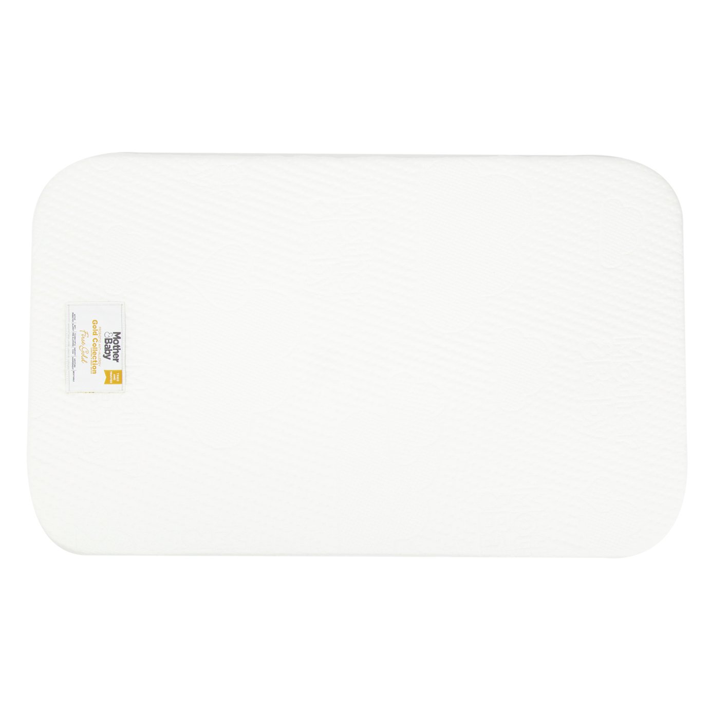 White foam co-sleeper mattress measuring 83 x 50 cm, featuring a textured surface and a label indicating "Mother&Baby First Gold Anti-Allergy."