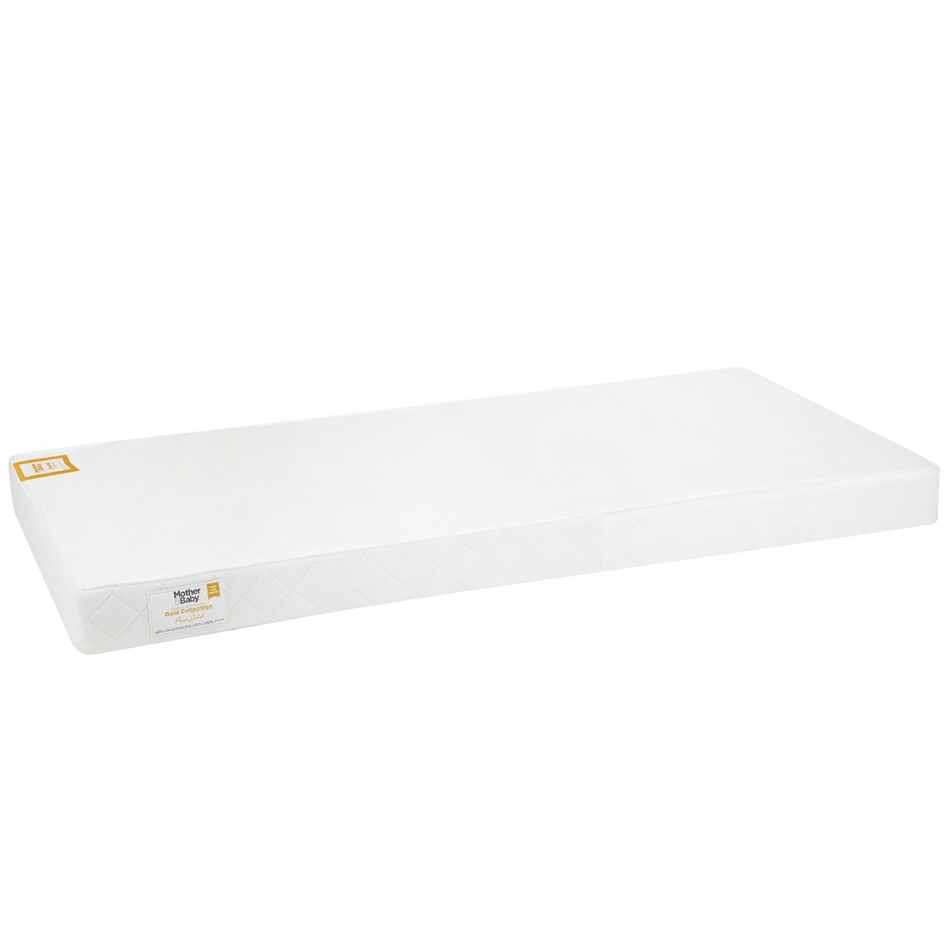 White coir pocket cot mattress by Mother & Baby, featuring a smooth surface, anti-allergy properties, and a rectangular shape designed for infants.