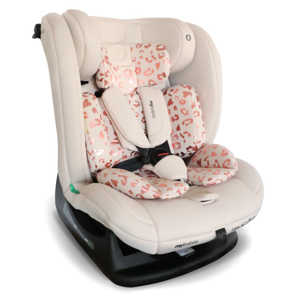 MBCS100 2-in-1 Convertible R129 Car Seat in pink leopard print, featuring soft padding, adjustable straps, and a sleek black base for safety and comfort.