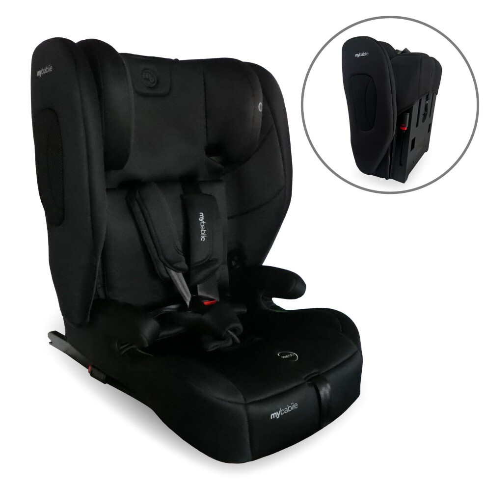 Black foldable toddler to booster car seat featuring ISOFIX, padded sides, adjustable harness, and a sleek design, suitable for children from R129 standards.