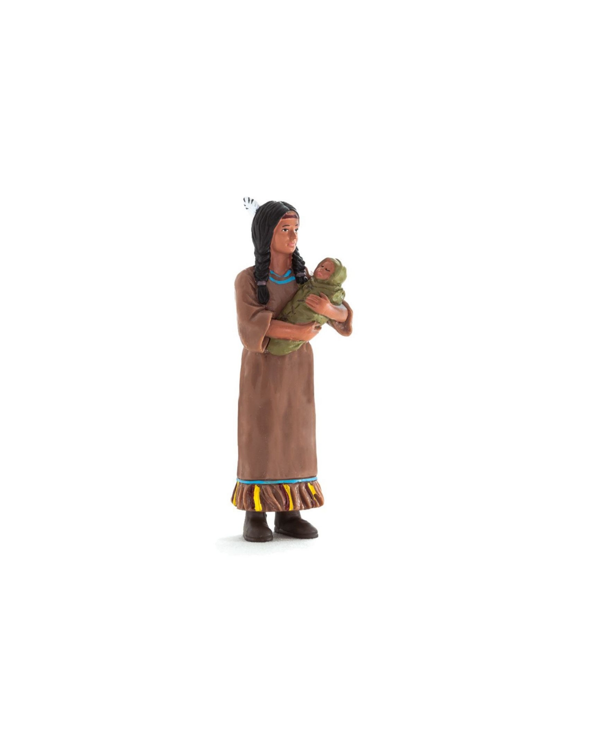 Realistic Native American woman figurine in a brown dress with colorful trim, holding a green-clothed baby, featuring detailed facial features and braided black hair.