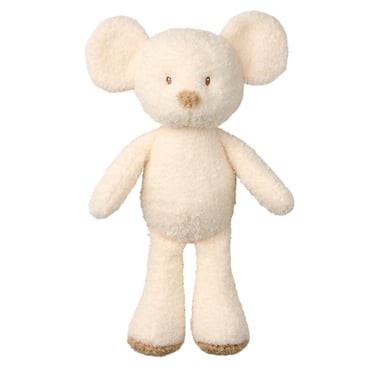 Cream-colored plush teddy bear with large ears, a small brown nose, and a soft, fuzzy texture, standing upright with stitched facial features and brown feet.