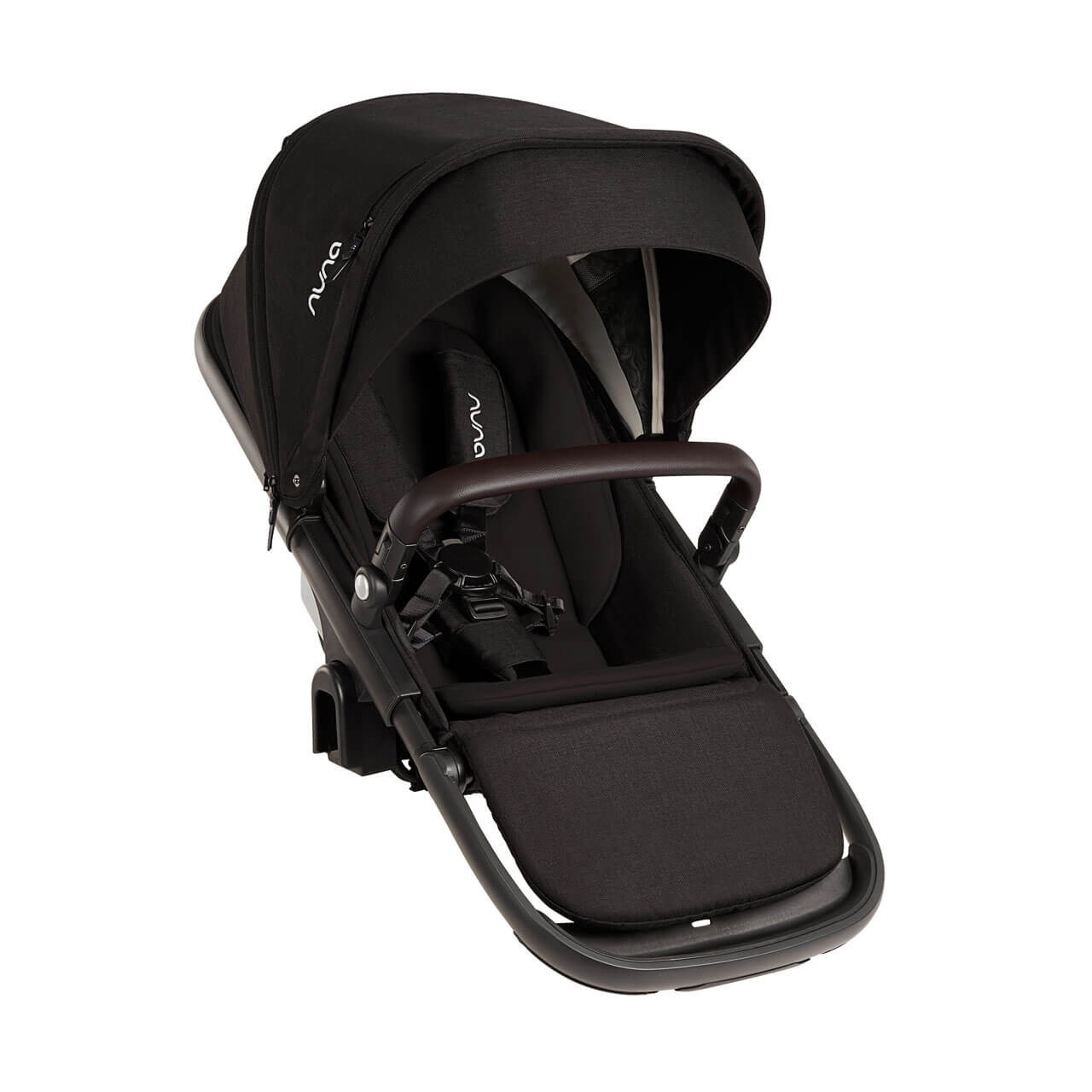 Nuna Demi Next Sibling Seat in Caviar features a sleek black fabric seat with a sturdy frame, adjustable canopy, and a comfortable harness system for safety.
