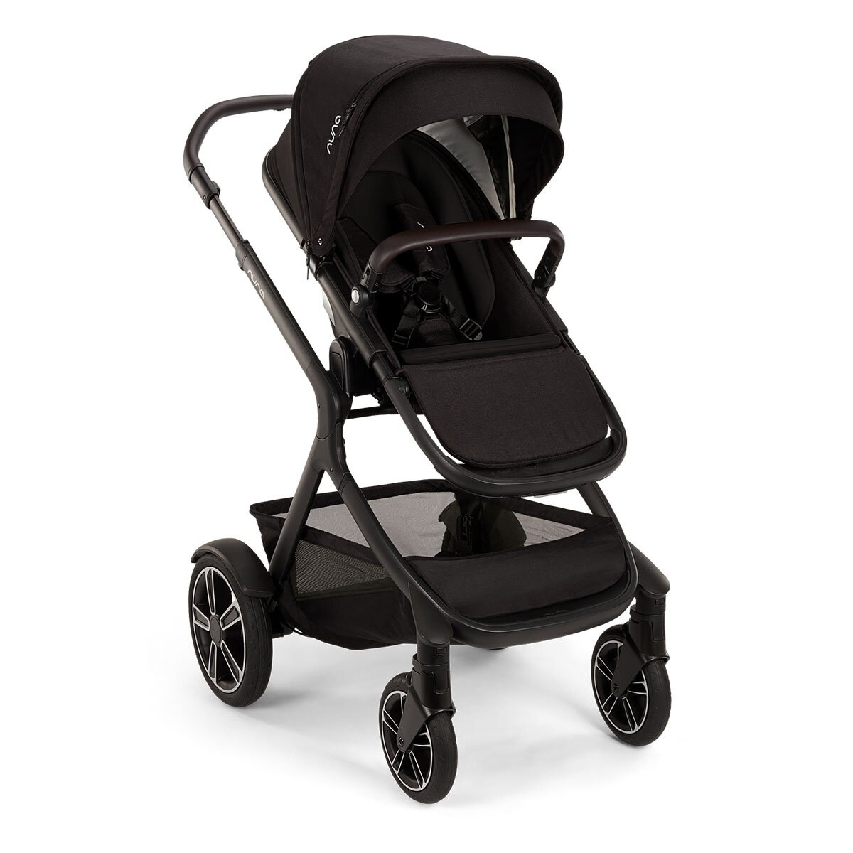 Nuna Demi Next Stroller in sleek black fabric with a spacious seat, adjustable canopy, and large wheels for smooth maneuverability.