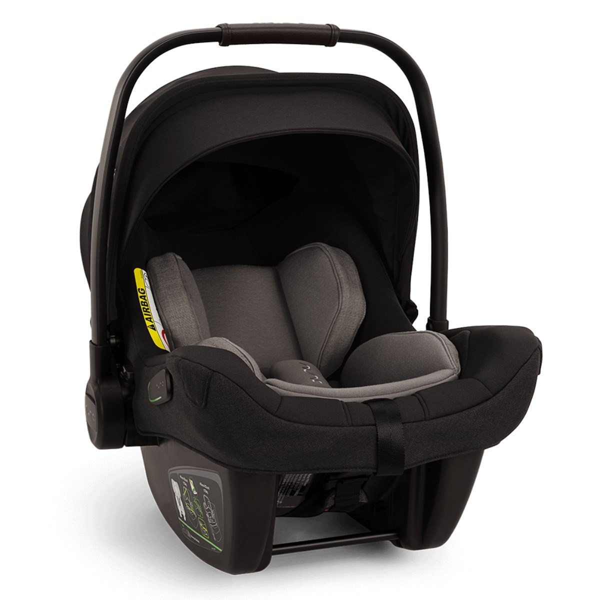 Nuna Pipa Next I-Size Car Seat features a sleek black exterior with a soft grey interior, a sturdy handle, and a secure harness system for safety.