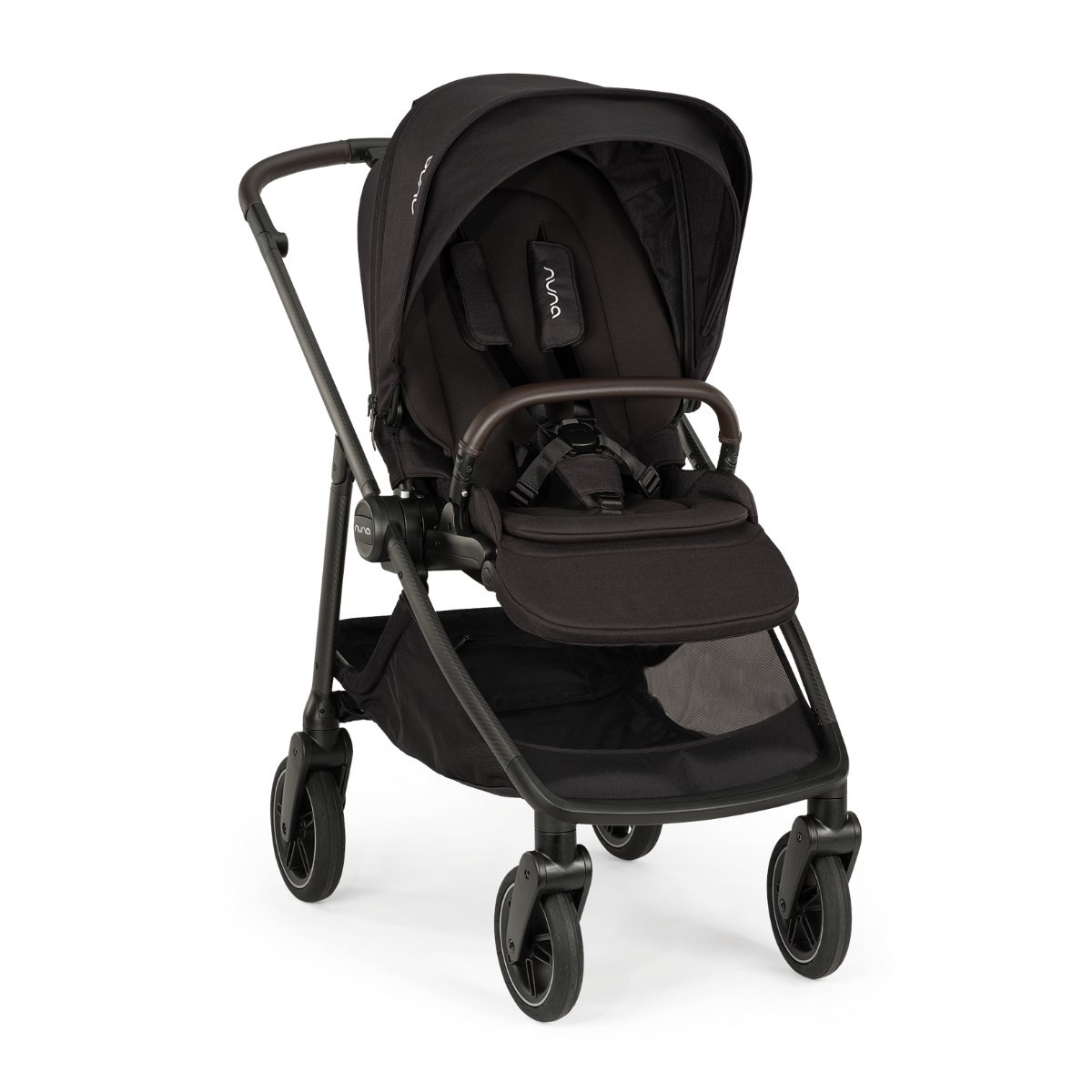 Black Nuna Swiv Pushchair with a sleek design, adjustable canopy, padded seat, and a spacious storage basket, featuring smooth-rolling wheels for easy maneuverability.