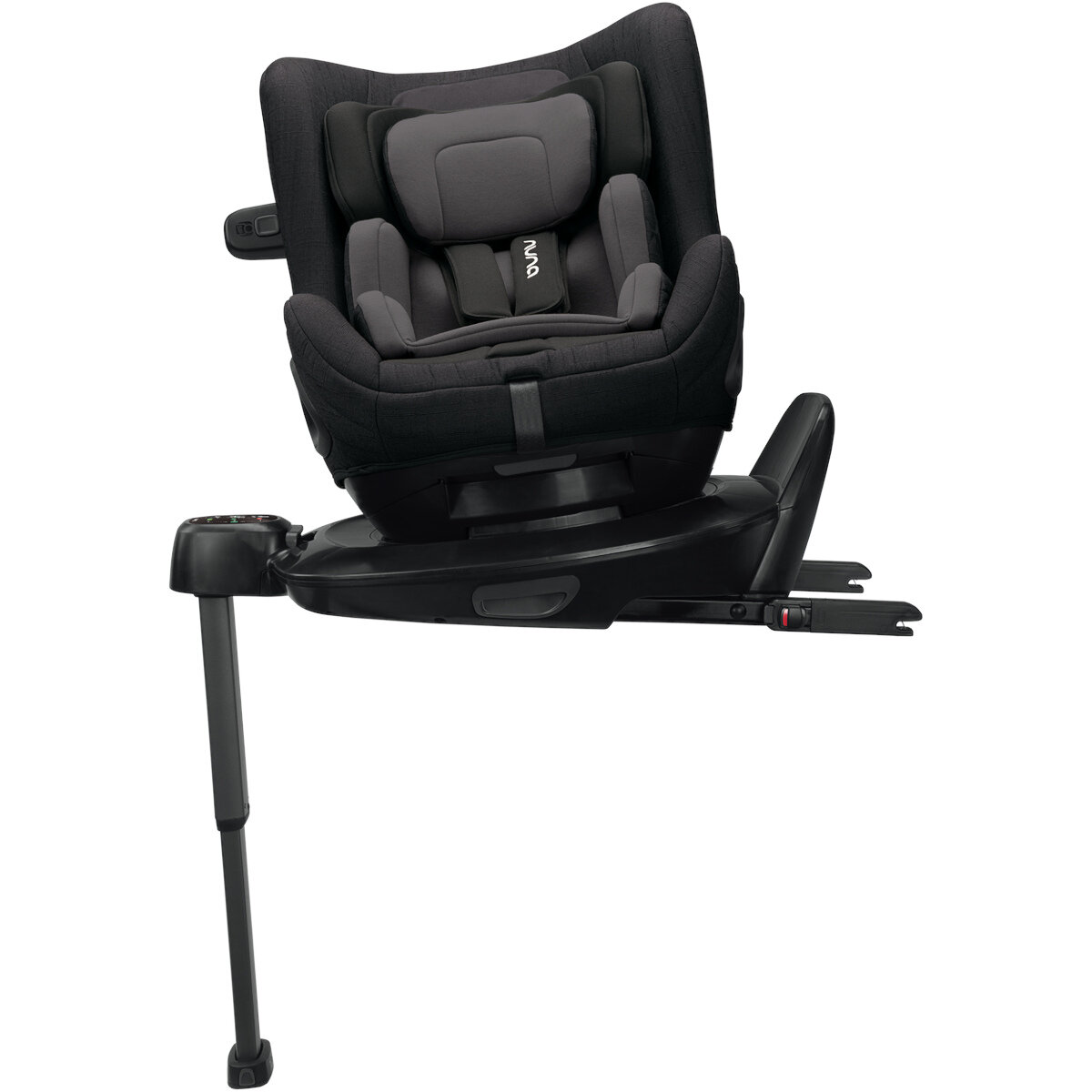 Nuna Todl Next I-Size Car Seat in black fabric, featuring a sturdy base, adjustable headrest, side impact protection, and a recline function for comfort and safety.