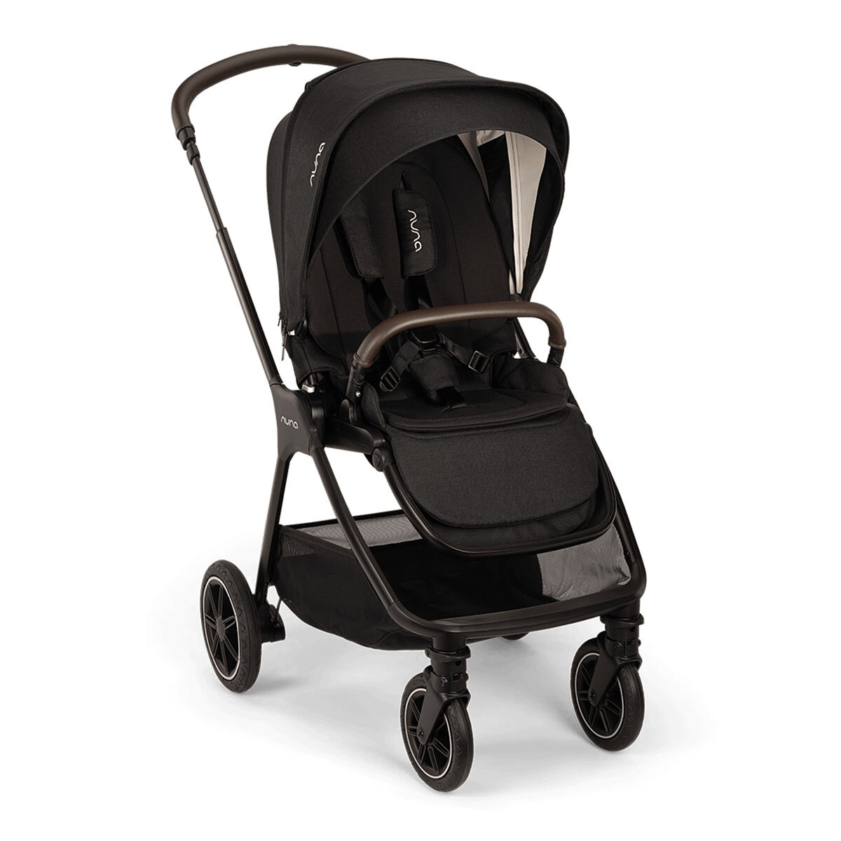 Nuna Triv Next Stroller in sleek black fabric with a lightweight frame, featuring a spacious seat, adjustable canopy, and smooth-rolling wheels for easy maneuverability.