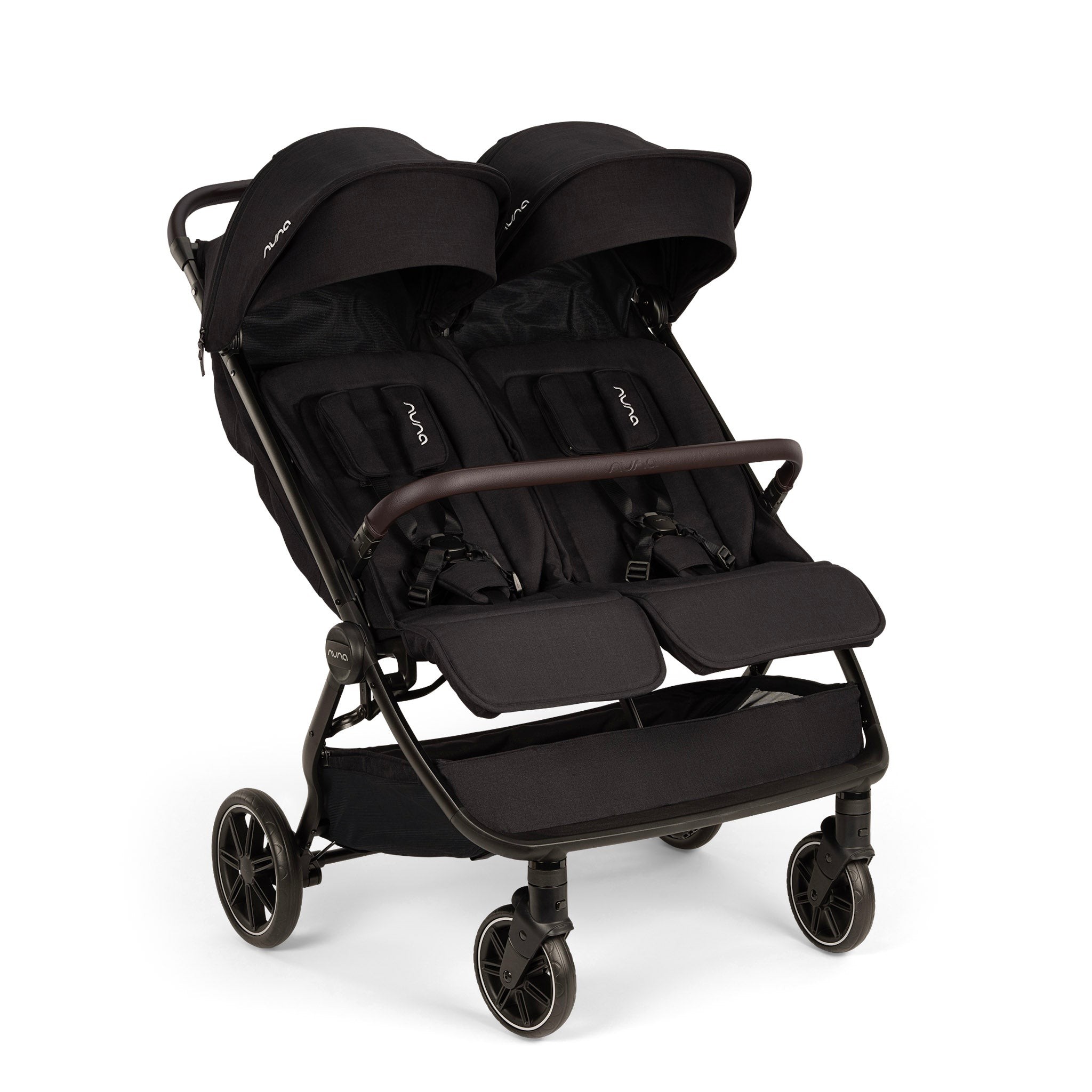 Black Nuna Trvl Dubl pushchair featuring two seats with adjustable canopies, a sturdy frame, and sleek wheels for easy maneuverability.