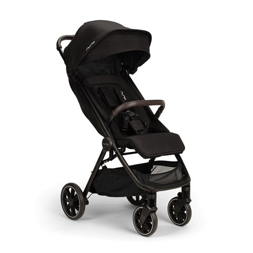 Lightweight Nuna Trvl LX pushchair in sleek black fabric, featuring a spacious seat, adjustable canopy, and smooth-rolling wheels for easy maneuverability.