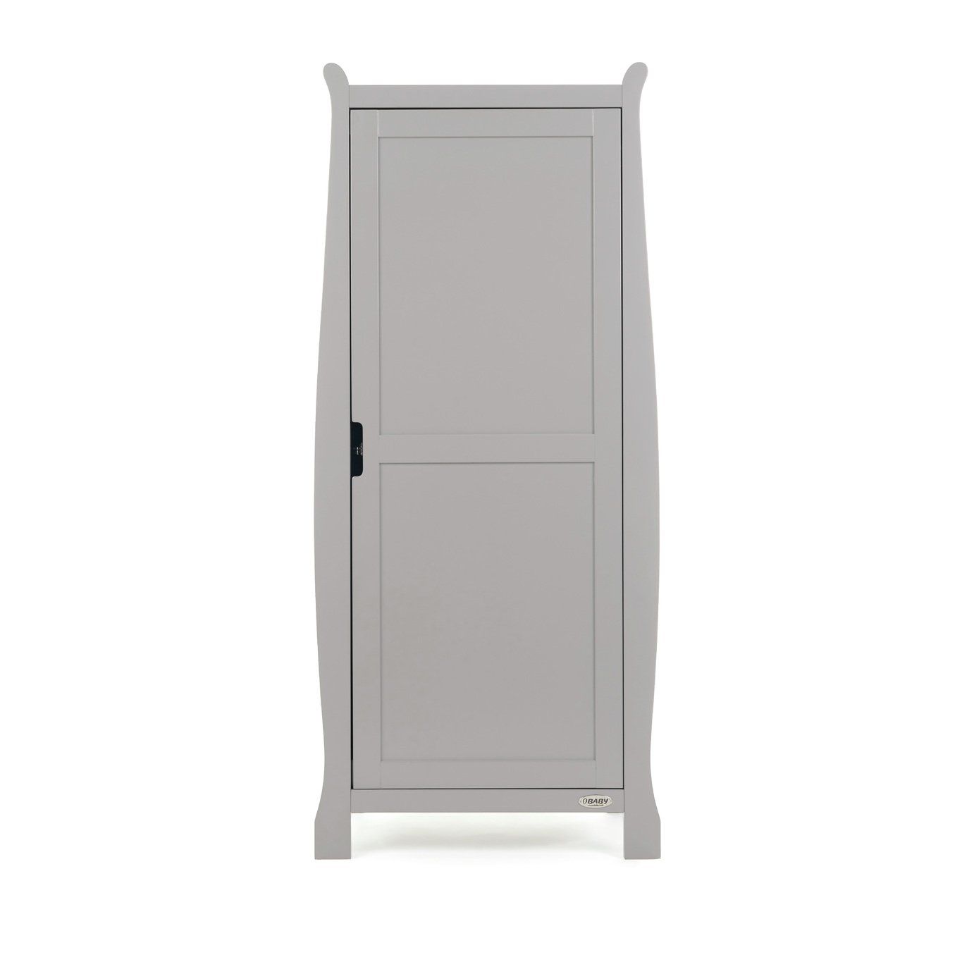 Stamford Single Wardrobe in warm grey, featuring a smooth finish, curved edges, a single door with a recessed panel, and a minimalist design by Obaby.