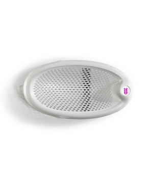 Taupe folding bath support seat made of durable plastic with a perforated design for water drainage, featuring a contoured shape for baby comfort and safety.