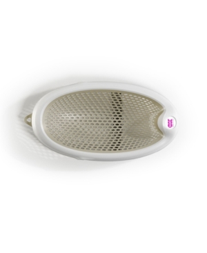 White folding bath support seat with a textured, perforated surface for drainage, featuring a pink logo and ergonomic design for safety and comfort.