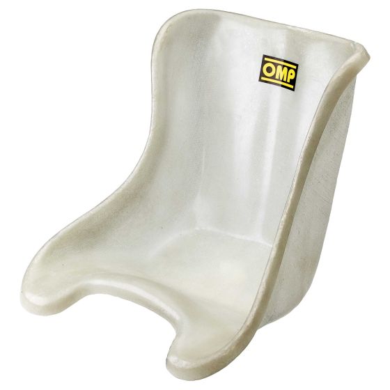 Clear, flat-based kart seat made of durable material, featuring a sleek design with a width of 27cm and a prominent OMP logo in yellow on the back.