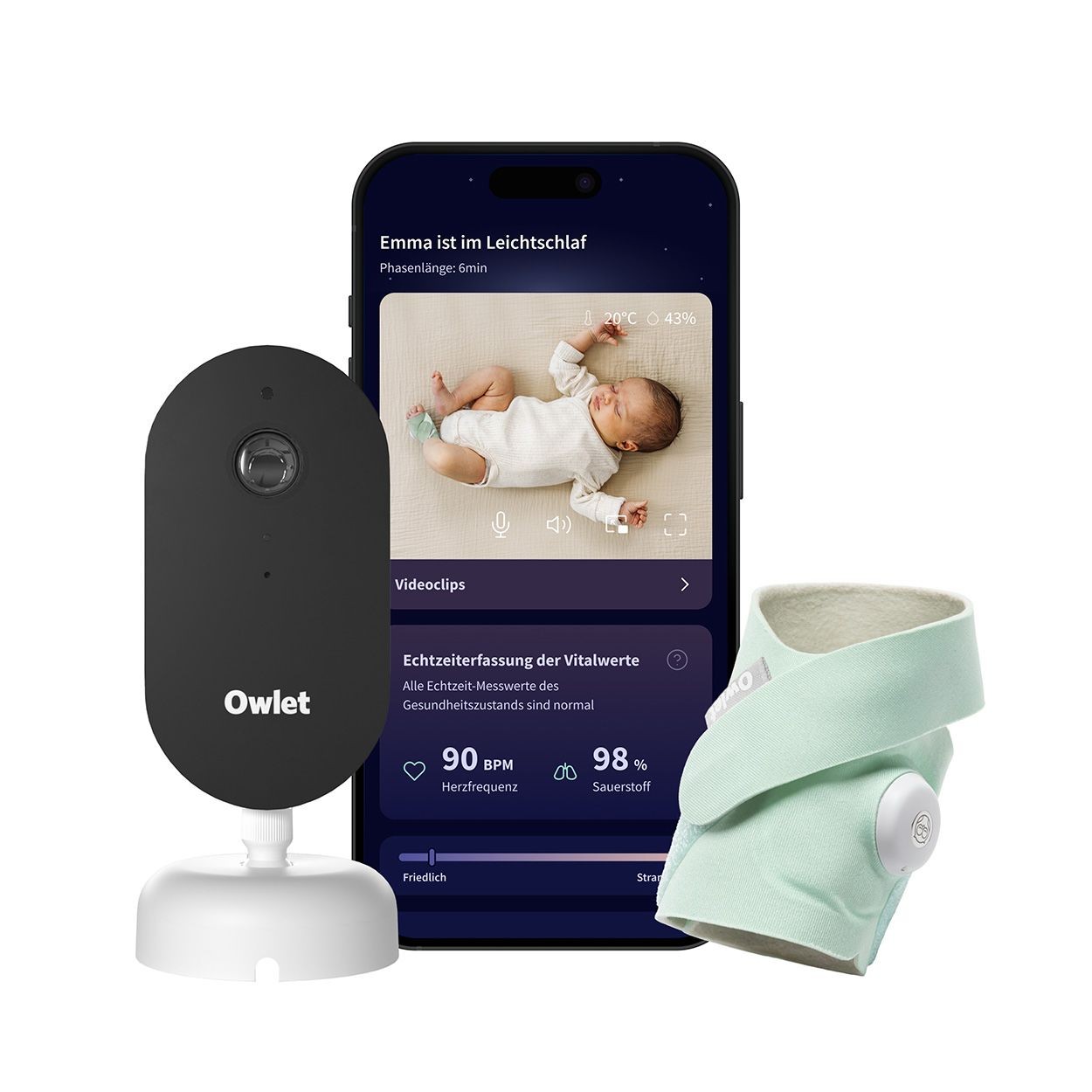 Owlet's Eulen-Traum Duo in mint includes a sleek black monitor, a smartphone displaying baby monitoring data, and a soft mint-colored wearable for tracking vital signs.