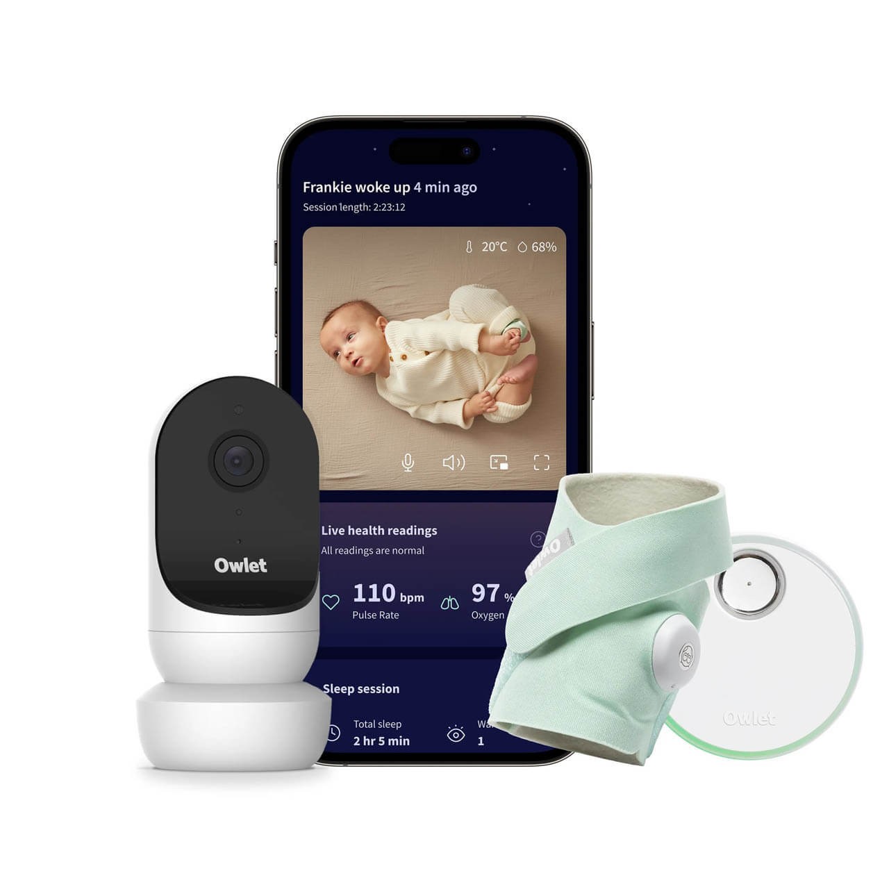 NEW Owlet Dream Sock in mint color, soft fabric, paired with a white monitor and smartphone displaying live health readings, tracking pulse and oxygen levels in infants.