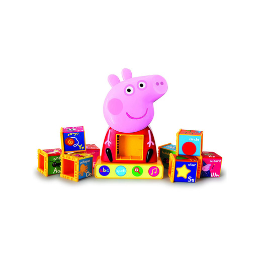 Colorful educational toy featuring a pink Peppa Pig character with blocks displaying letters and shapes, designed for children ages 3 and up.