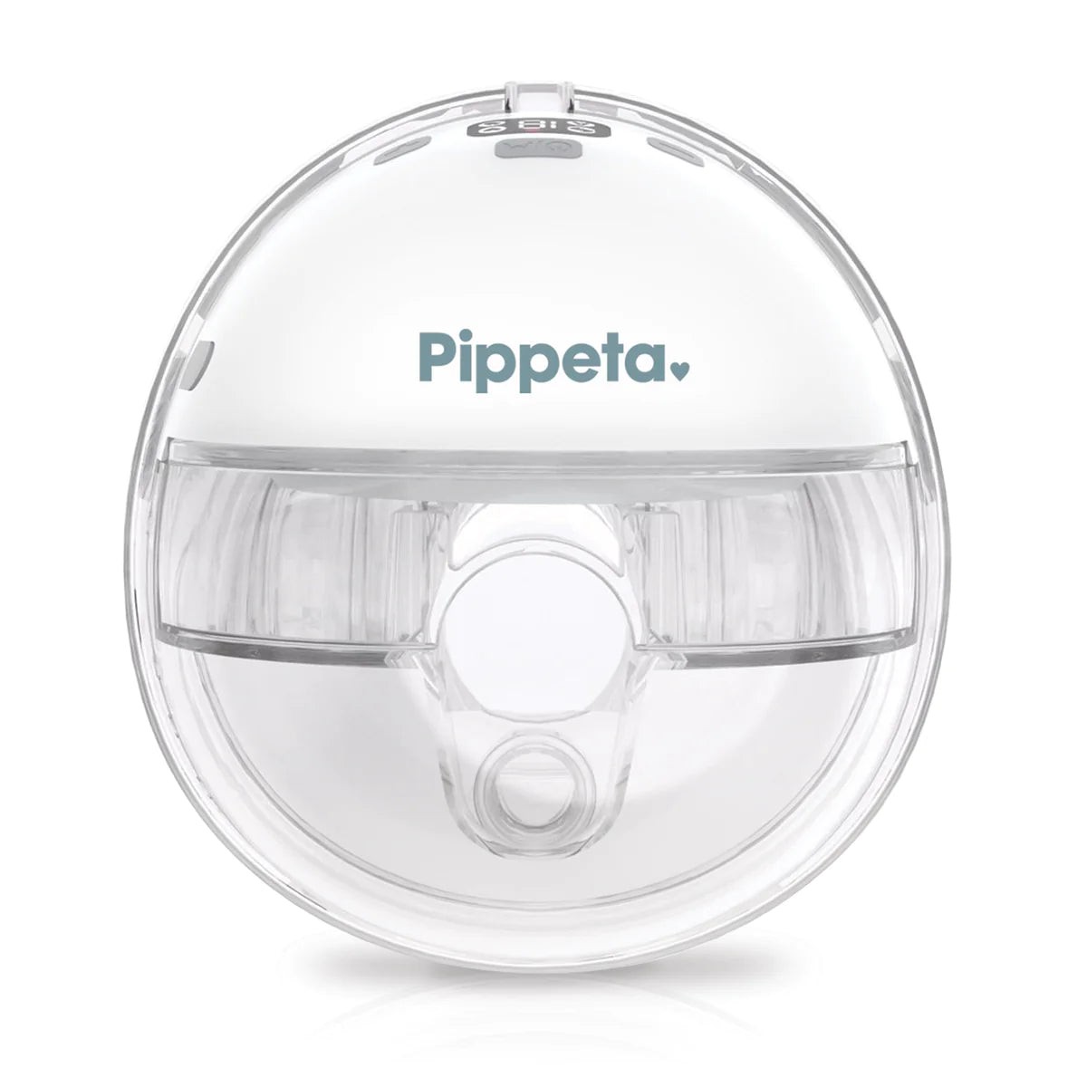 Pink Pippeta wearable hands-free breast pump with a sleek, circular design, transparent material, and a central funnel for easy use.