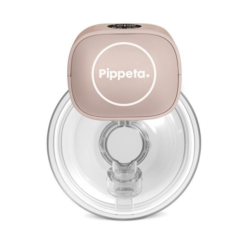 Pippeta wearable hands-free breast pump in soft blue, featuring a sleek design, transparent collection container, and a digital control panel on top.