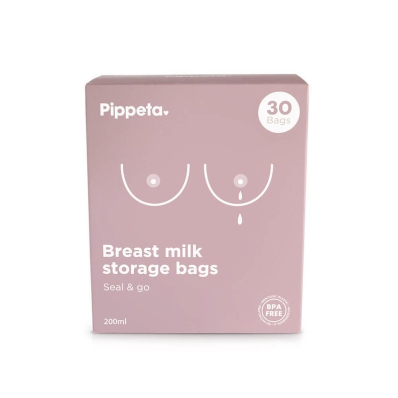 Pippeta Manual Milk Collector in ash rose color, featuring a clear design, ergonomic handle, and a 200ml capacity, packaged in a pink box with 30 breast milk storage bags.